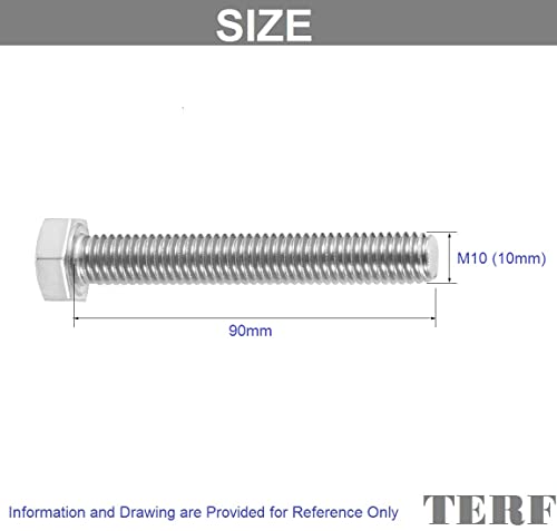 TERF® M10 X 90mm Hex Bolts Fully Threaded Set Screw M10 (10mm) X 90mm Hex Head Cap Hexagonal Bolts - Pack of 5 - Image 3
