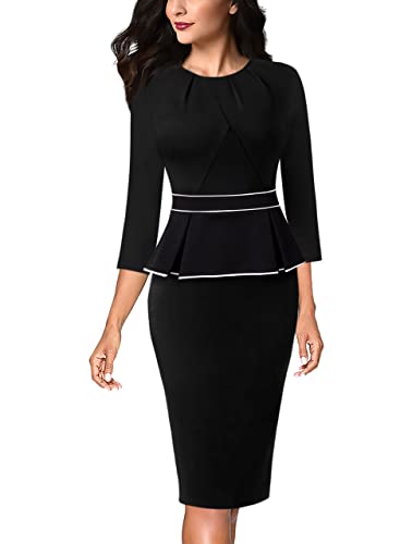 Image of VFSHOW Womens Pleated Crew Neck Peplum Slim Work Business Dress Elegant 3 /4 Sleeves Office Church Bodycon Pencil Sheath Dress