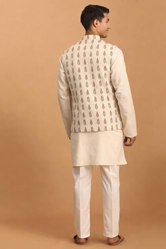 Image of Vastramay Men's Cream Cotton Jacket, Kurta And Pyjama Set | Wedding & Festive Ethnic Wear | Ideal For Traditional, Haldi, Sangeet & Reception Functions