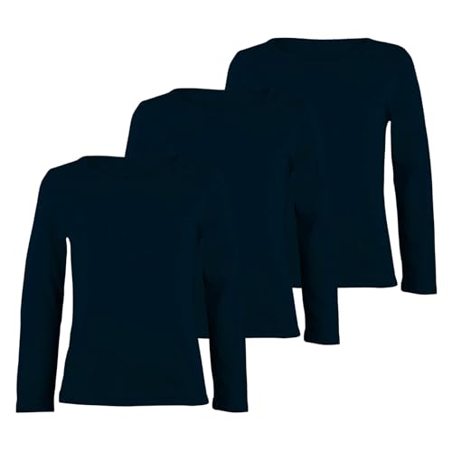 Image of janisramone® Kids Plain T Shirt, Pack of 3 Basic Round Neck Boys Long Sleeve T Shirt, Stretchy Girls School Shirts, Casual Girls and Boys Sports Top, Comfortable Summer Top Navy
