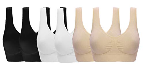 ohlyah Women's Seamless Wire-Free Sports Apparel Bra with Removable Pads, 6 Pack Black Black White White Nude Nude, X-Large