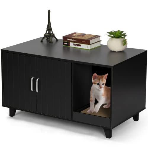 Richya Cat Litter Box Enclosure, Modern Wood Pet Crate Cat Litter Box Furniture Hidden Cat Washroom Furniture House Table Nightstand With Cat Scratch Pad (Black) #TOP5