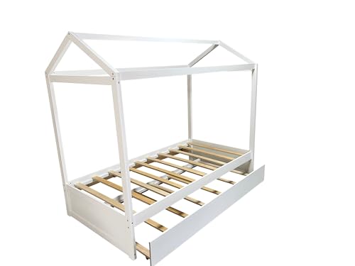 Twin-Size-House-Bed-with-Trundle-for-Kids-Girls-and-BoysTwin-Size-Bedframe-wCan-Be-Decorated-RoofNo-Box-Spring-Needed-White Twin Size House Bed with Trundle for Kids Girls and BoysTwin Size Bedframe wCan Be Decorated RoofNo Box Spring Needed White