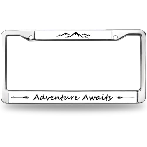 Image of Adventure Awaits Mountain License Plate Frame, Metal Outdoor Auto Tag Cover | Express your love for outdoor adventure with this durable metal mountain license frame, weather-resistant to last.