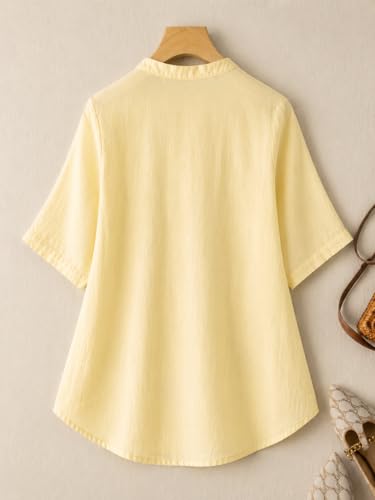 Image of RIEKA Womens Floral Applique Embroidered Fancy Top with Mandarin Collar Button Down Front Half Sleeves Relaxed Fit Casual Tunic Top for Women