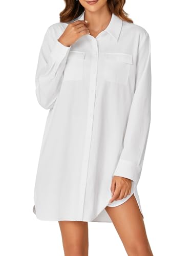 LYANER Women's Button Down Shirt Dresses Collared V Neck Long Sleeve Slit Mini Dress2