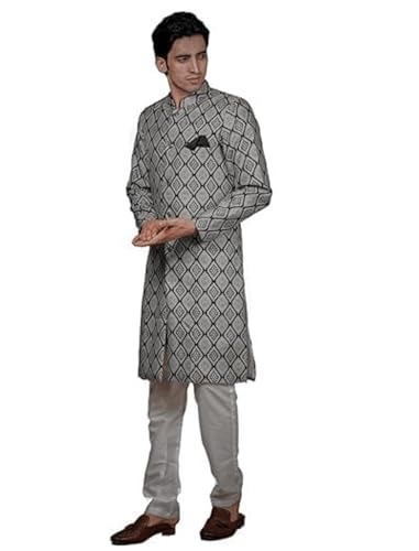 Image of Amzira Men's Soft Cotton Indo Western Kurta Pyjama Set with Mandarin Collared Neck Long Sleeves Button Closure and Solid Pant