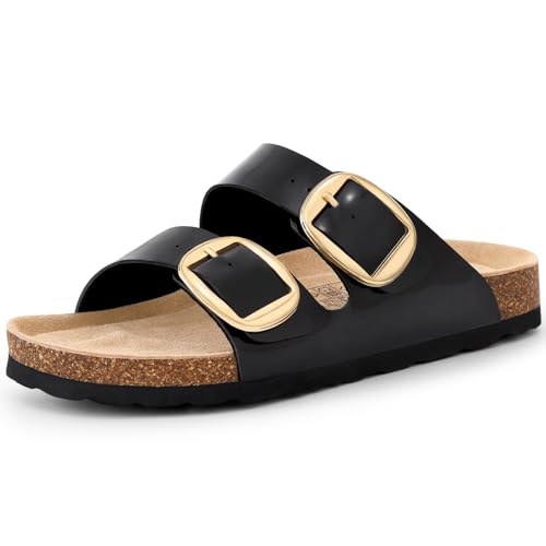 Image of KIDMI Women's Cork Footbed Slide Sandals Comfortable Arch Support Outdoor Sandal with Big Adjustable Buckle for Summer