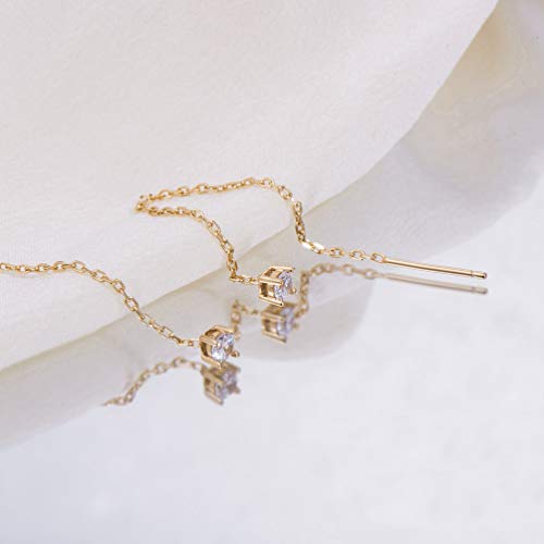 S.Leaf 18Karat Gold Plated Chain Threader Earrings for Women Trendy 925 Sterling Silver Hypoallergenic Cubic Zirconia Dangle Chain Threader Double Piercing Pull Through Earrings Women3