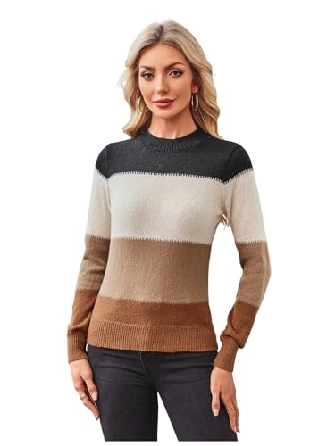 Image of WDIRARA Women's Color Block Sweaters Long Sleeve Mock Neck Tops Loose Knitted Pullover Sweater