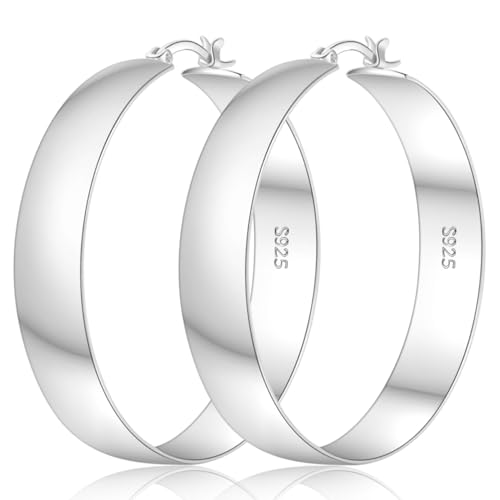 Senteria 10mm Wide Chunky 14K Gold Plated Hoop Earrings for Women Hypoallergenic Thick 925 Sterling Silver Hoops Earring Lightweight Large Silver Hoop Earrings for Women (30/40/50/60MM)