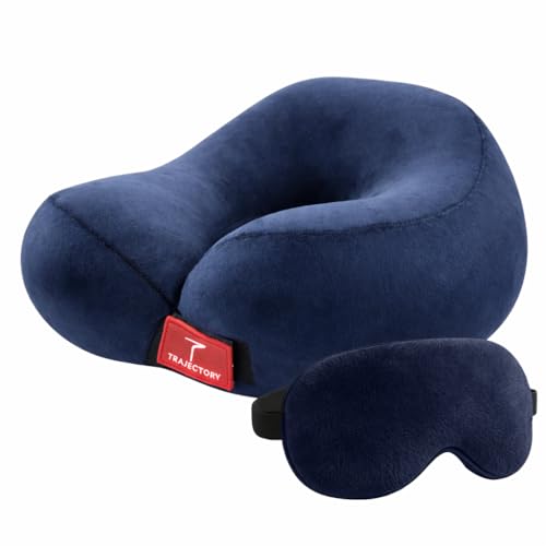 Trajectory Travel Neck Pillow with Sleeping Eye Mask Combo for Travelling and Sleeping in Airplane Flight, Cab, Car, Train, Bus for Men and Women Blue (As seen on Shark Tank)
