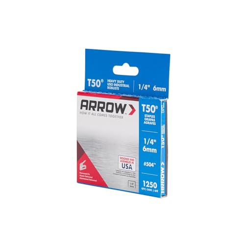 Image of Arrow 504 T50 Heavy Duty Staples, 1 /4-Inch Leg Length, 3 /8-Inch Crown Width Staples for Upholstery, Construction, Furniture, Crafts, 1250-Pack