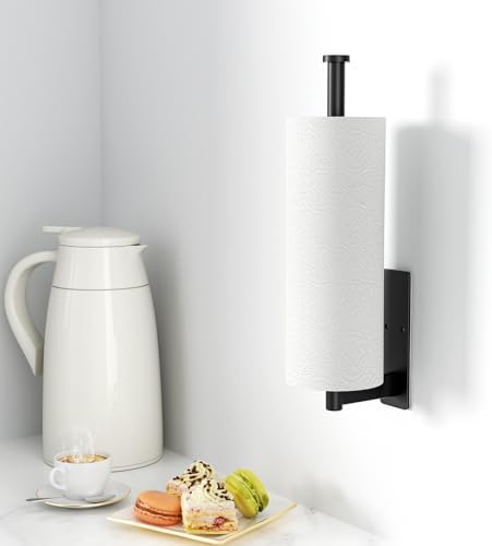 Paper Towel Holder Under Cabinet - Stainless Steel Paper Towel Holder Wall Mount, Self-Adhesive or Drilling, Matte Black Towel Rack for Kitchen Organization and Storage, Kitchen Paper Roll Holder