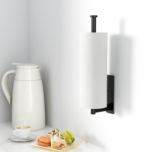 Paper Towel Holder Under Cabinet - Stainless Steel Paper Towel Holder Wall Mount, Self-Adhesive or Drilling, Matte Black Towel Rack for Kitchen Organization and Storage, Kitchen Paper Roll Holder