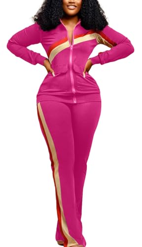 2 Piece Outfits for Women Long Sleeve Striped Zipup Jacket Wide Leg Long Pant Retro Tracksuit Sport Set Wine Red2