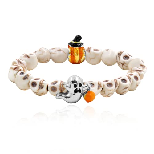 Image of Uloveido Halloween Bracelets for Men Women Black White Skull Stone Bracelet Charm Ghost Pumpkin Lamp Bat Design Bracelets