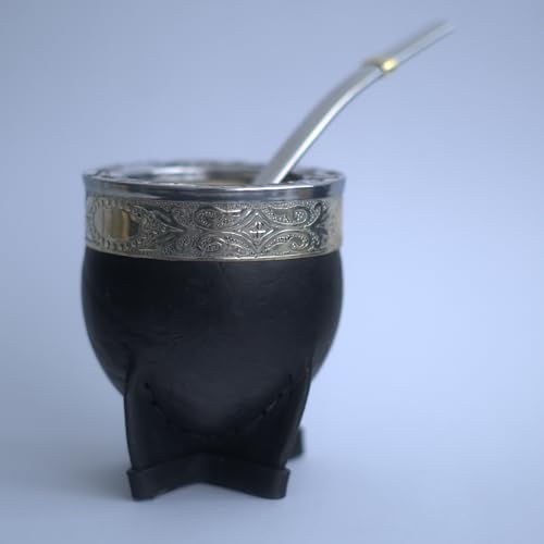 ALMA NATIVA - Mate Argentino Artesanal Imperial – Calabaza y Cuero, Virola de Alpaca | Bombilla Acero Inox Pico Curvo + Porta Yerba Pequeño | Premium de Argentina