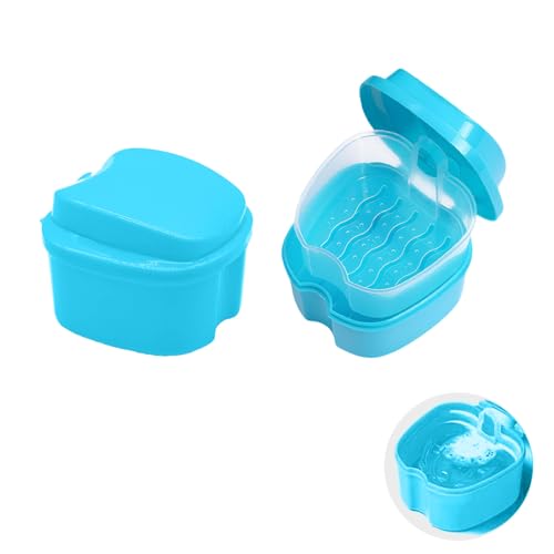 Rynvarl - Caja de almacenamiento para dentaduras postizas (2 piezas, caja con filtro para limpieza de dientes, ortodoncia, cepillo de dientes plegable y accesorios bucales (azul claro 9,5 x 9,3 x 6,8