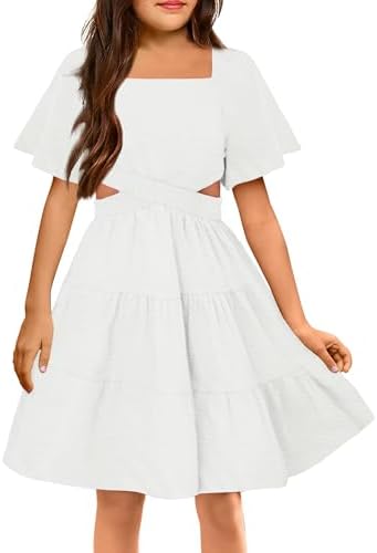 Arshiner Girls Dresses Square Neck Cut Out Shirred Party Cute Tween Dress