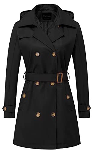 CREATMO US Women's Trench Coat Double-Breasted Classic Lapel Overcoat Belted Slim Outerwear Coat with Detachable Hood