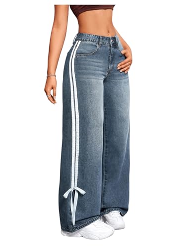 MakeMeChic Women's Straight Wide Leg Denim Pants Striped Bow Rise Jeans with Pocket Y2K Streetwear