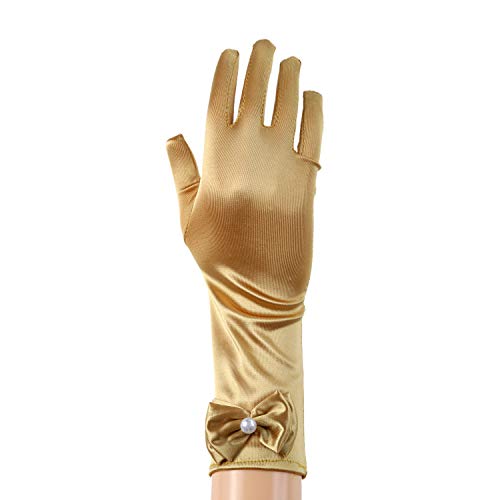 Kids Stretchy Satin Long Finger Dress Bowknot Gloves, 11.4 Inch (Gold)3