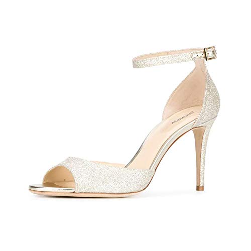 Peeptoes Sandale Glitzer Stiletto, MWOOOK-1065 Moderne High Heels Sexy Party Hochzeit Schuhe Sandalen,LightGold,45 Cover