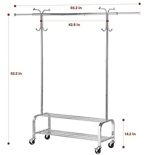 House Again Adjustable 3-In-1 Heavy Duty Clothing Rack With Shelves, 66" L, Clothes Rack For Hanging Clothes With Lockable Wheels, Rolling Garment Rack Commercial Grade, Freestanding, Chrome #TOP3