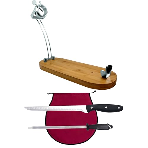 Jamenero Plegable Cabezal Giratorio + Cubre Jamon Burdeos + Afilador manual + Cuchillo Jamonero