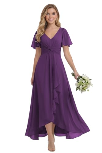SEPT PRETTY Plum Chiffon Bridesmaid Dress for Women Short Sleeve A Line High Low Evening Party Dresses 24 Plus Size