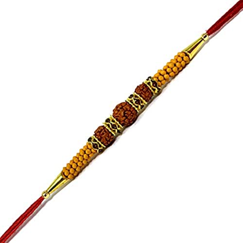 Image of P.A.Handmade Rudraksha beads Designs Rakhi /Rakri for Brother /Boy /Men For Raksha Bandhan with Free Rolli Chawal[7 Inch] [RD-01.01]