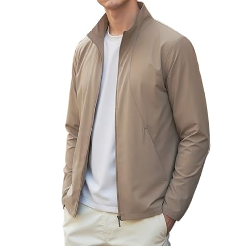 Chaqueta deportiva para hombre, secado rápido, cuello alto, protección solar UPF 50+, cortavientos, cremallera completa, abrigo para correr, Caqui, S