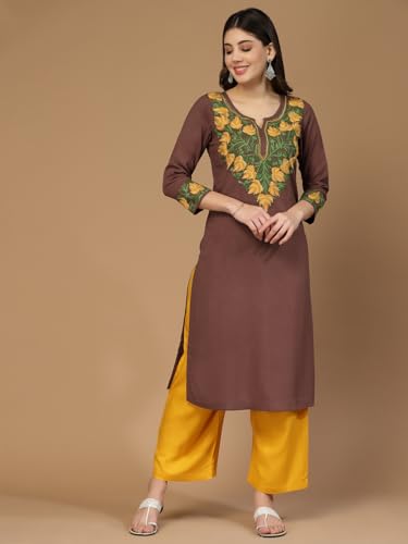 Image of QAZMI Women's Noura Kashmiri Aari Embroidered Viscose Rayon 3 /4 Cuff Sleeves A-Line Kurta