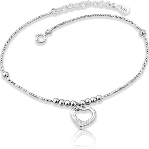 QttvbTna 925 Sterling Silver Women's Anklets, Heart Love Beaded Ankle Bracelets for Women, Sterling Silver Ankle Bracelets for Women, Adjustable Beach Foot Chain Jewelry Gift for Summer Day