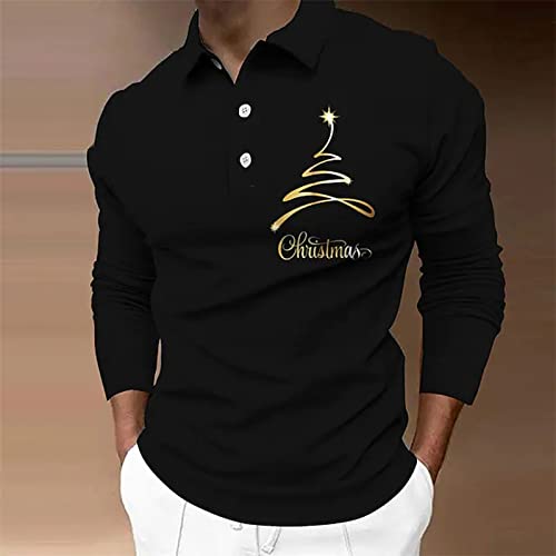 YHEGHT Blusa masculina de manga comprida com estampa de Natal e botões casuais de inverno gola virad