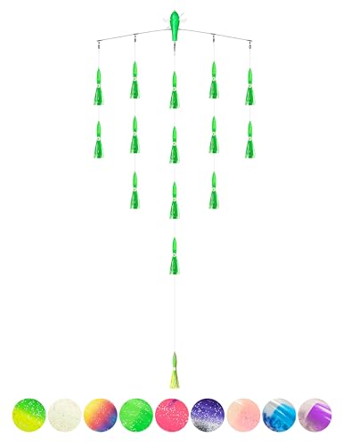 BLUEWING 36" Upgraded Fishing Spreader Bar Starboard Walker Offshore Trolling Spreader Bar with 9" Bulb Squids and 316 Stainless Steel Rod for Wahoo Tuna Marlin Mahi Mahi, Green
