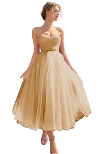 Image of A line Ruched Tulle Prom Dress Spaghetti Straps for Women, Tea Length Sweetheart Homecoming Dress Cocktail Dress