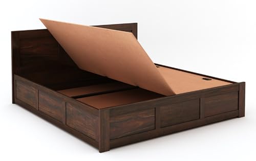 Image of STRATA FURNITURE Sheesham Wood Queen Size Bed with Box Storage Double Cot Wooden Palang for Bedroom Living Room Furniture (Walnut Finish)