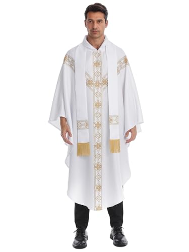 GRAJTCIN Church Catholic Priest Chasuble Vestments Clergy Robes for Men Priest Outfit Church Mass Vestments Robe with Stole - White