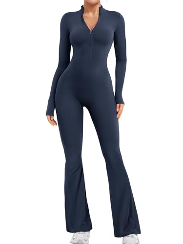 YEOREO Women Long Sleeve Flare Workout Jumpsuit Zip Up Romper Bottom Pants Wide Leg Bodysuit Bodycon Sexy One Piece Navy S