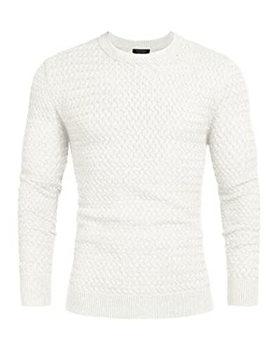 Coofandy Men's White Sweater Cable Knitted Sweater Muscle Fitted Sweaters Crew Neck Pullover Knitwear White Xxl #TOP2