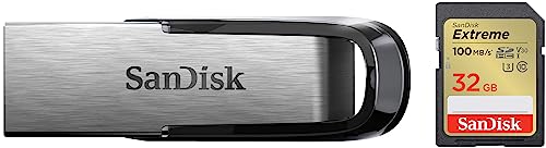 Image of SanDisk Extreme SD UHS I 32GB Card for 4K Video for DSLR and Mirrorless Cameras 100MB /s Read & 60MB /s Write & Ultra Flair 64GB USB 3.0 Pen Drive, Multicolor