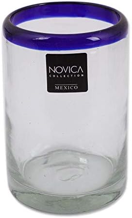 NOVICA Artisan Crafted Hand Blown Clear Cobalt Blue Rim Recycled Glass Tumblers,14 Oz. 'Classic' (Set Of 6) - Thumbnail 3