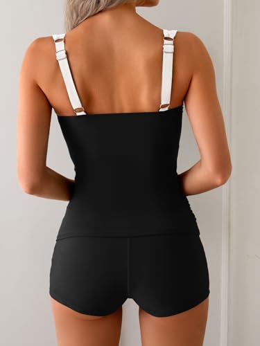 Image of B2prity Women's Tankini Swimsuit Tummy Control Ruched Two Piece Bathing Suit Push Up Modest Swim Suits with Shorts