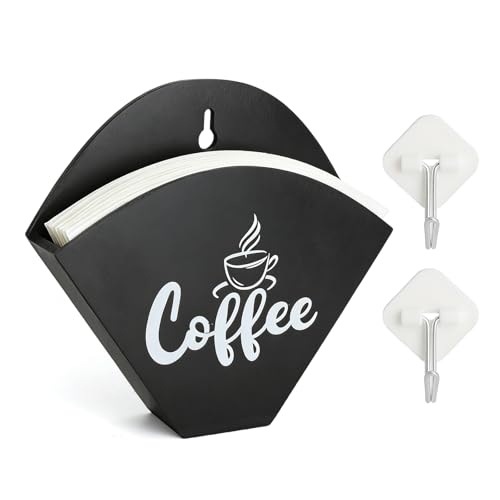 Support filtre à café mural avec crochets Porte filtre à café noir en bois pour V60, support récipient stockage de papier filtre à café sans perçage...