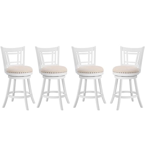 PrimeZone Swivel Bar Stools Set of 4-24" Counter Height Barstools with Backs, Upholstered Bar Stool with Solid Wood Footrest & Nailhead Trim, Modern Counter Stools for Kitchen Island & Pub, White
