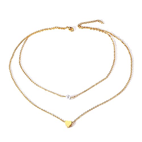 Collier en acier inoxydable à 2 couches de perles cœur dorées éclatantes