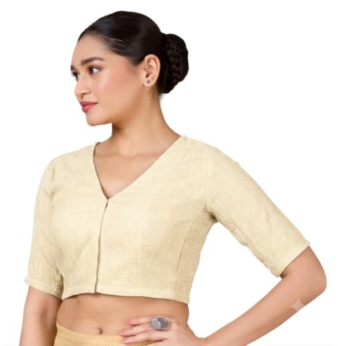 Image of Studio Shringaar Women's Thick Handloom Cotton Plain Side Stretch (Smocked) Readymade Saree Blouse