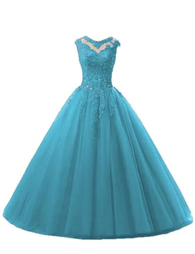 HUINI Ballkleider Tüll Lang A-Linie Abendkleider Quinceanera Kleider Ärmellose Prinzessin Abschlussballkleider Jade 42